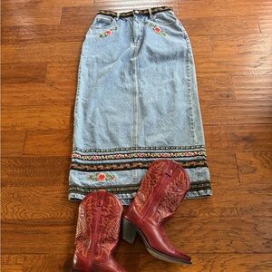 Vintage‎ Adrianna Sport Embroidered Denim Maxi Skirt